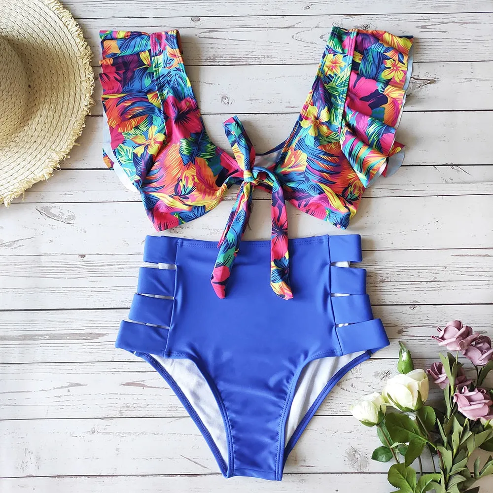 VenusFox High Waist Bikini 2021 Ruffle Swimwear Women Print Sexy Swimsuit Push Up Bikinis Plus Size Bathing Suits Floral Beach Wear