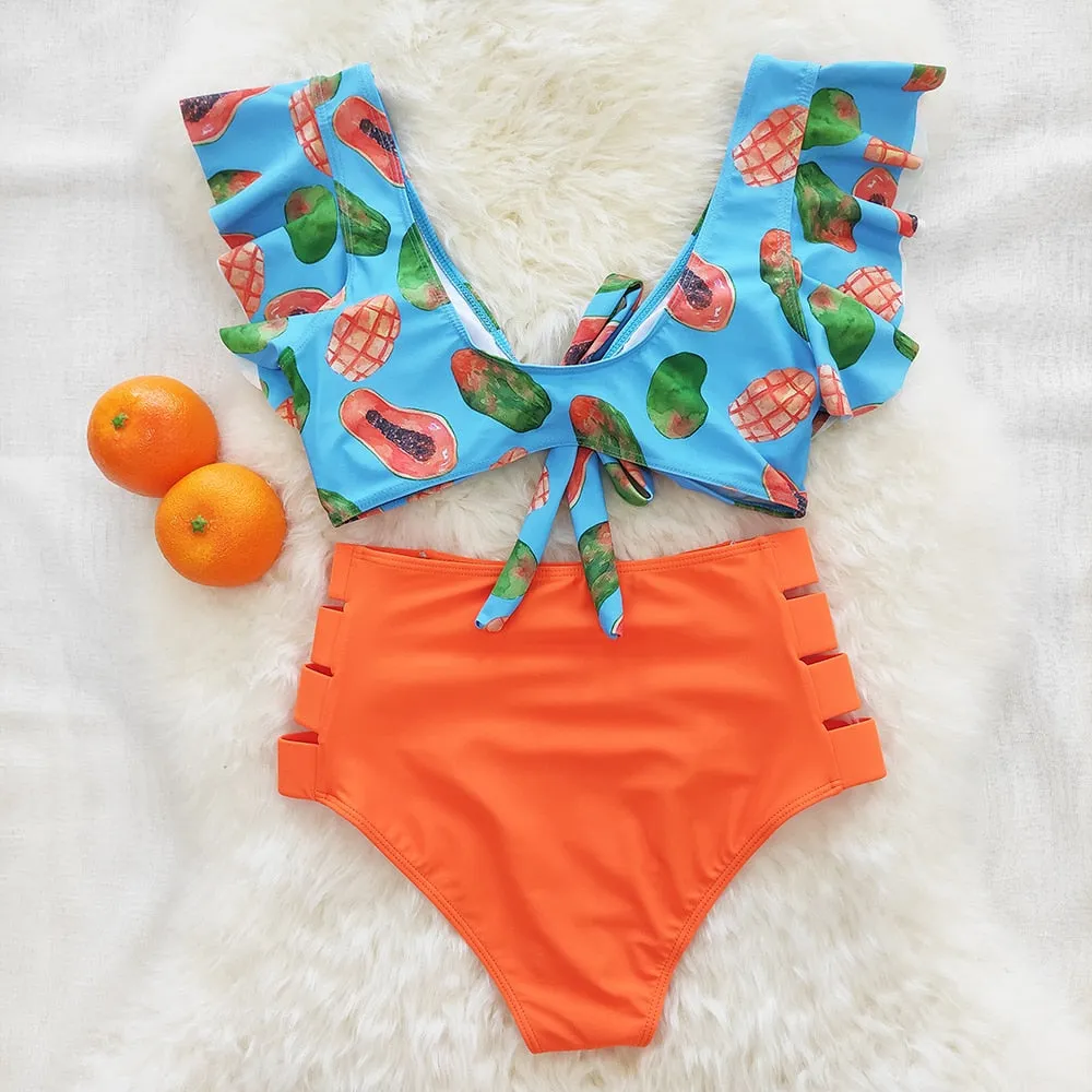VenusFox High Waist Bikini 2021 Ruffle Swimwear Women Print Sexy Swimsuit Push Up Bikinis Plus Size Bathing Suits Floral Beach Wear