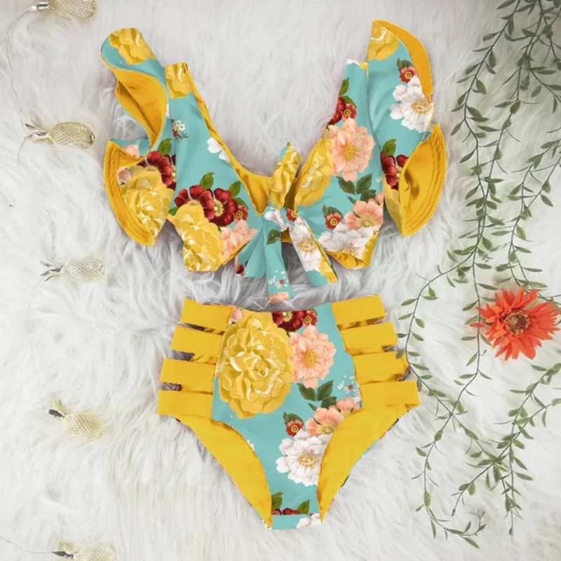 VenusFox High Waist Bikini 2021 Ruffle Swimwear Women Print Sexy Swimsuit Push Up Bikinis Plus Size Bathing Suits Floral Beach Wear