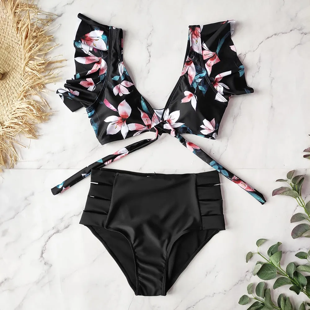 VenusFox High Waist Bikini 2021 Ruffle Swimwear Women Print Sexy Swimsuit Push Up Bikinis Plus Size Bathing Suits Floral Beach Wear
