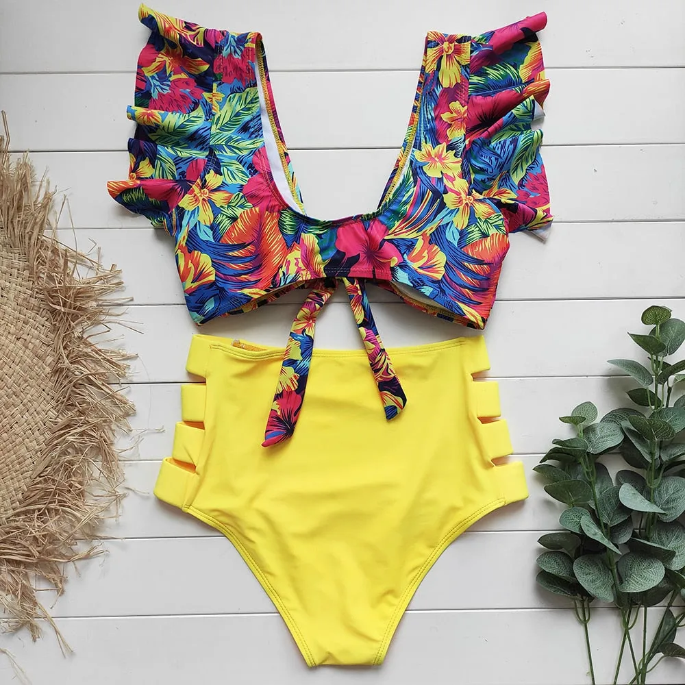 VenusFox High Waist Bikini 2021 Ruffle Swimwear Women Print Sexy Swimsuit Push Up Bikinis Plus Size Bathing Suits Floral Beach Wear