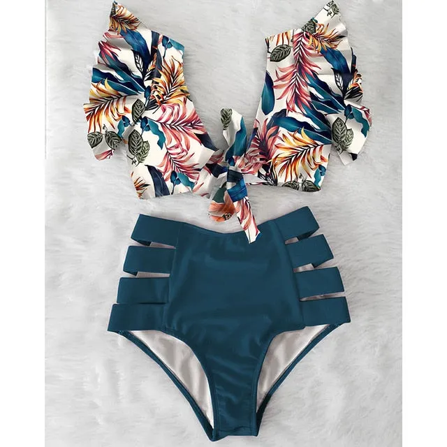 VenusFox High Waist Bikini 2021 Ruffle Swimwear Women Print Sexy Swimsuit Push Up Bikinis Plus Size Bathing Suits Floral Beach Wear