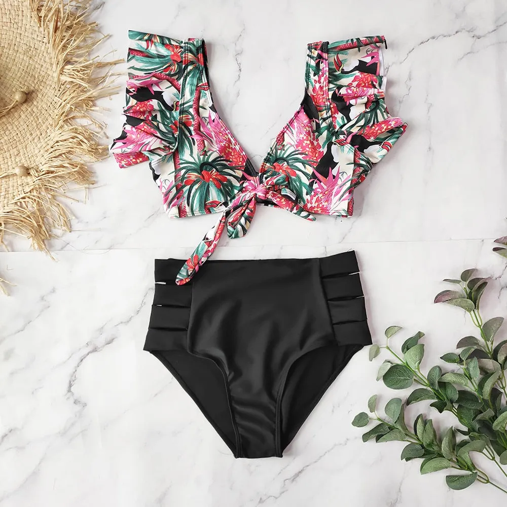 VenusFox High Waist Bikini 2021 Ruffle Swimwear Women Print Sexy Swimsuit Push Up Bikinis Plus Size Bathing Suits Floral Beach Wear