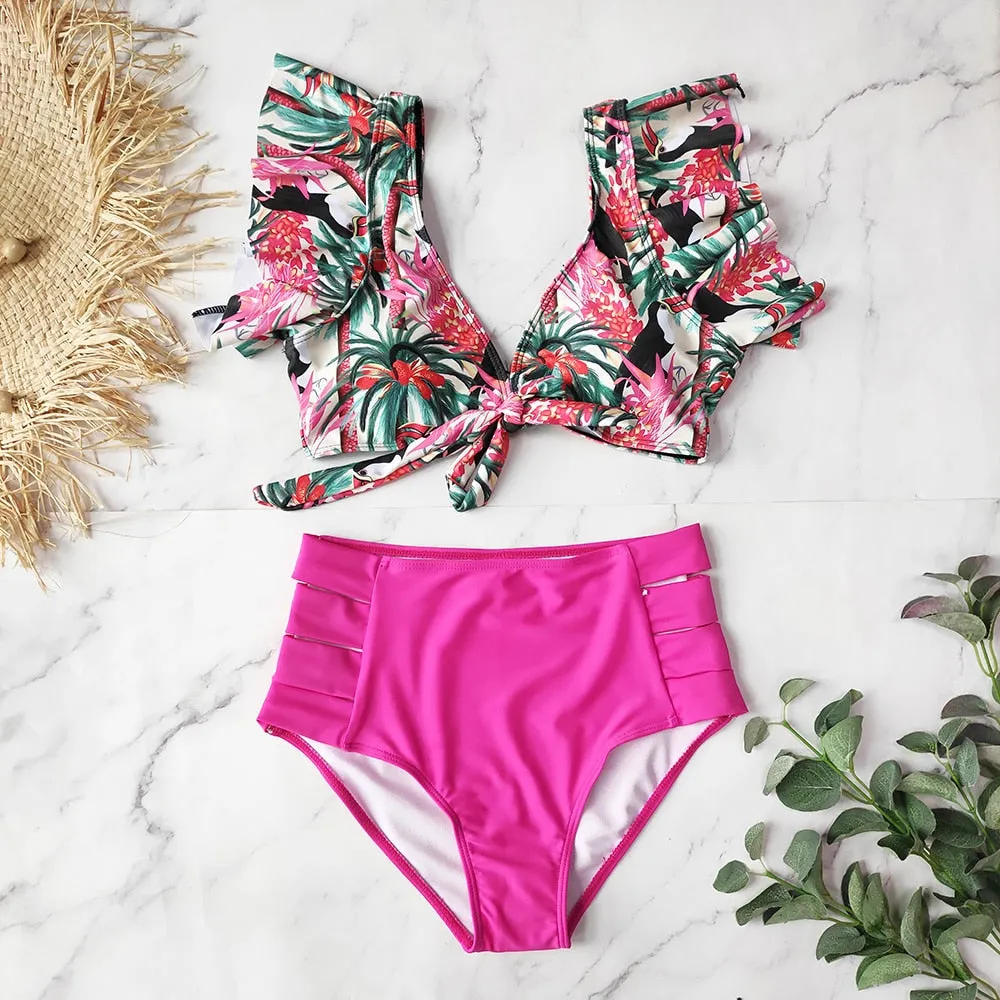 VenusFox High Waist Bikini 2021 Ruffle Swimwear Women Print Sexy Swimsuit Push Up Bikinis Plus Size Bathing Suits Floral Beach Wear