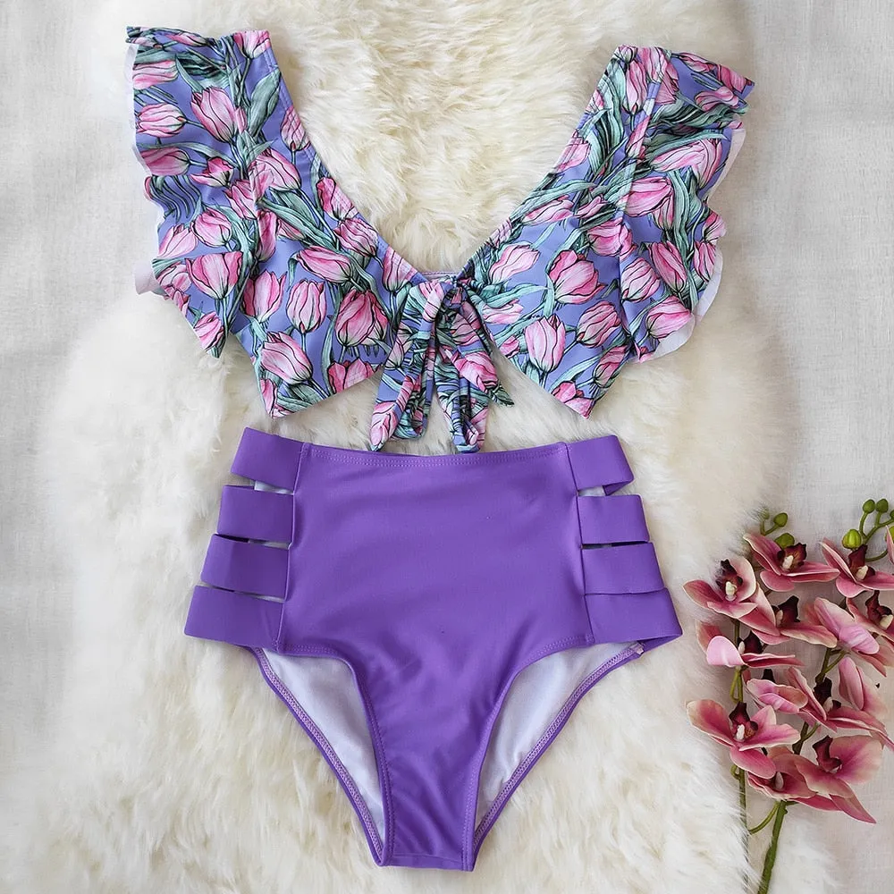 VenusFox High Waist Bikini 2021 Ruffle Swimwear Women Print Sexy Swimsuit Push Up Bikinis Plus Size Bathing Suits Floral Beach Wear