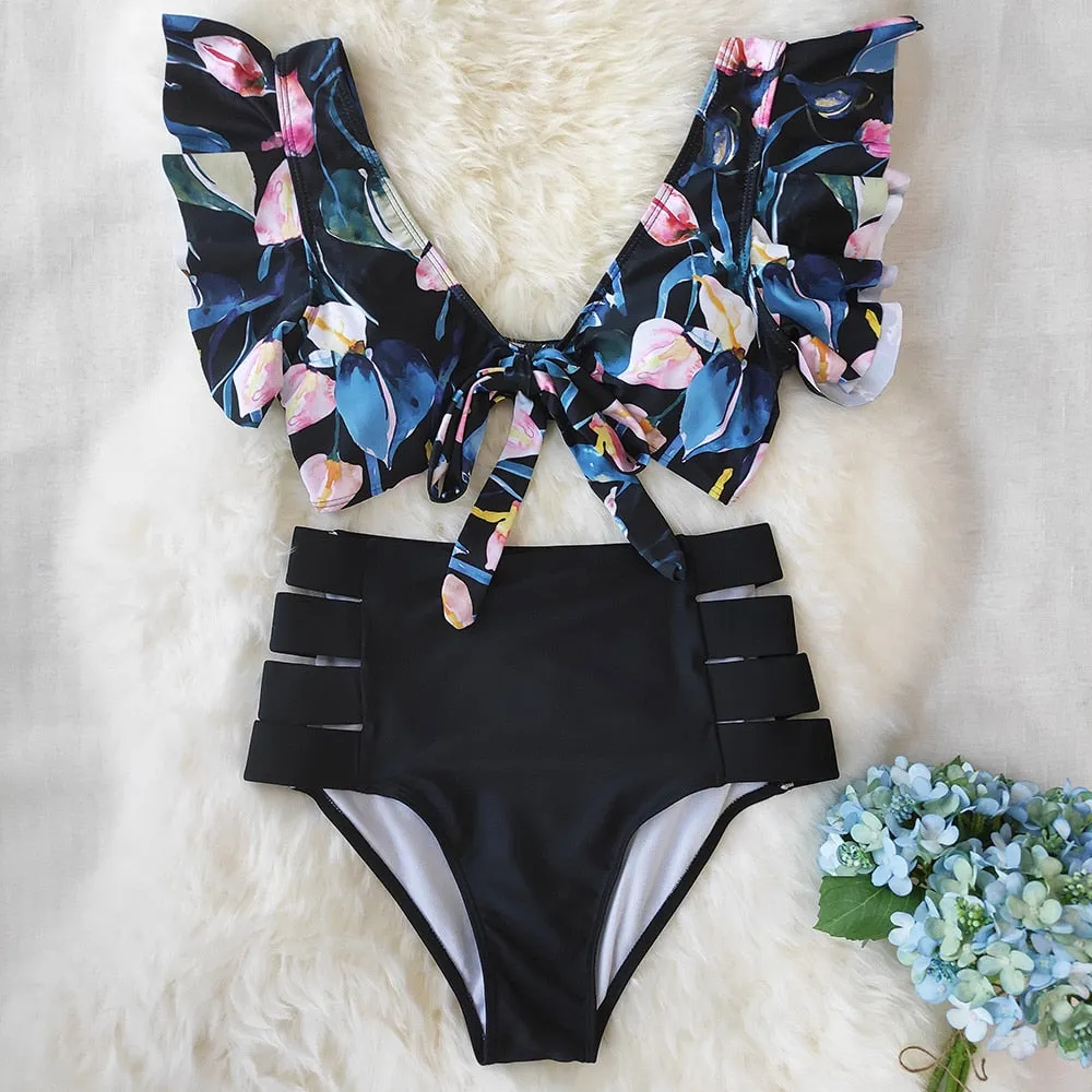 VenusFox High Waist Bikini 2021 Ruffle Swimwear Women Print Sexy Swimsuit Push Up Bikinis Plus Size Bathing Suits Floral Beach Wear