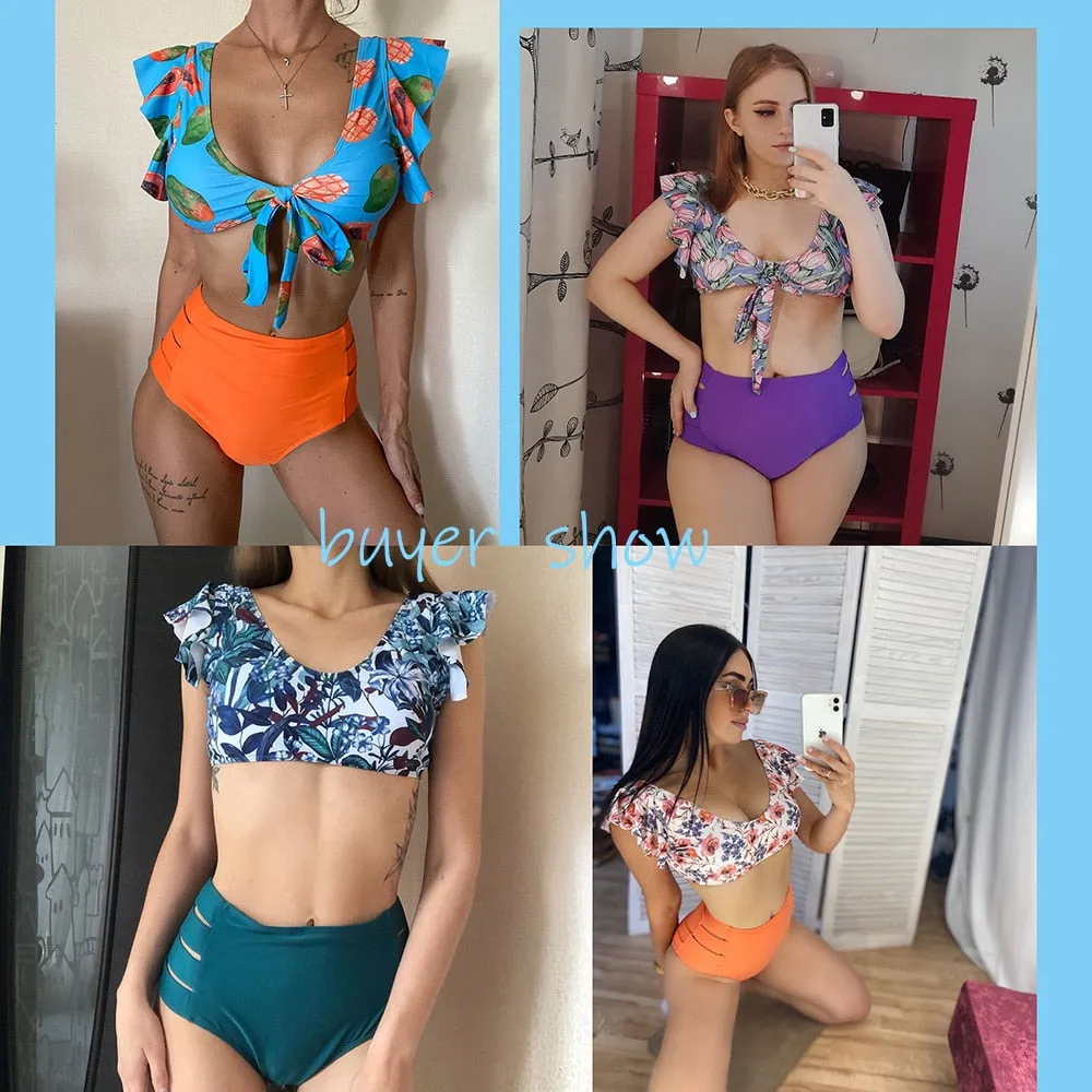 VenusFox High Waist Bikini 2021 Ruffle Swimwear Women Print Sexy Swimsuit Push Up Bikinis Plus Size Bathing Suits Floral Beach Wear