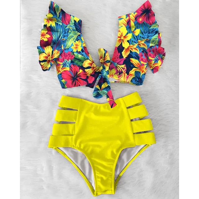 VenusFox High Waist Bikini 2021 Ruffle Swimwear Women Print Sexy Swimsuit Push Up Bikinis Plus Size Bathing Suits Floral Beach Wear