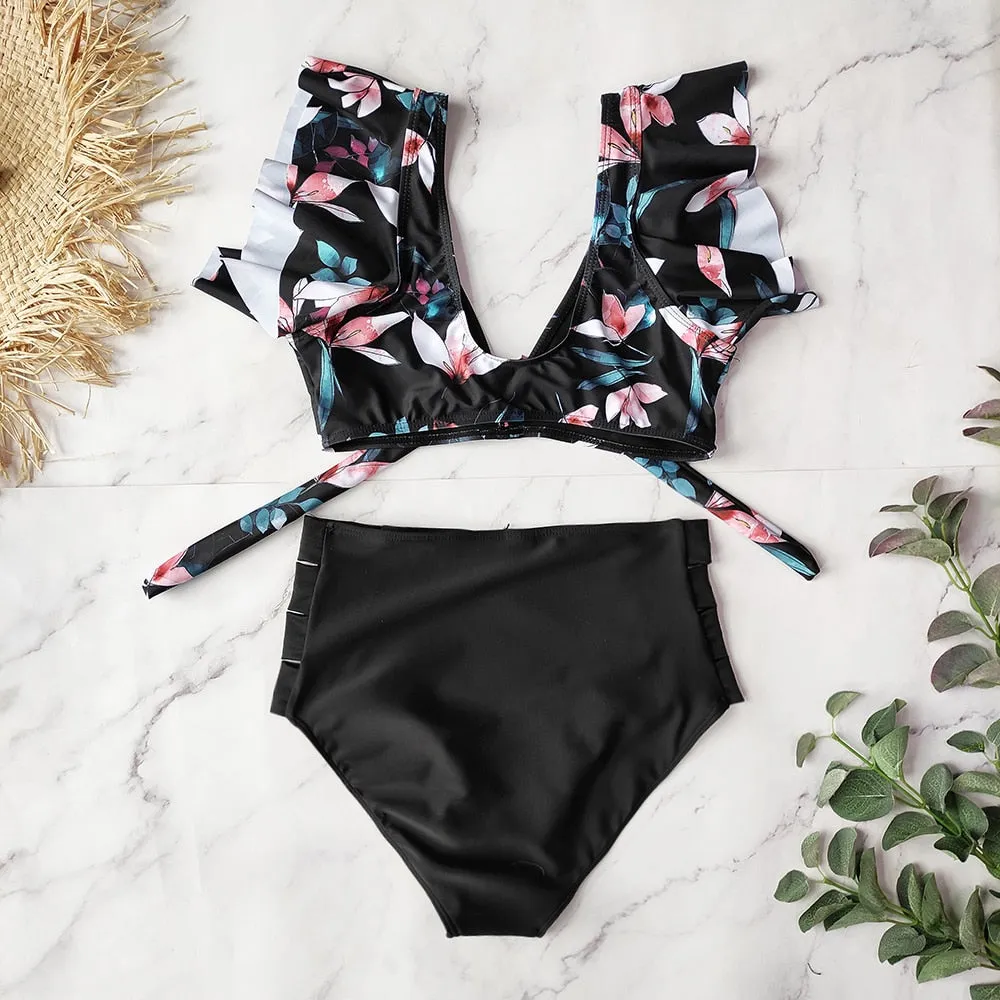 VenusFox High Waist Bikini 2021 Ruffle Swimwear Women Print Sexy Swimsuit Push Up Bikinis Plus Size Bathing Suits Floral Beach Wear