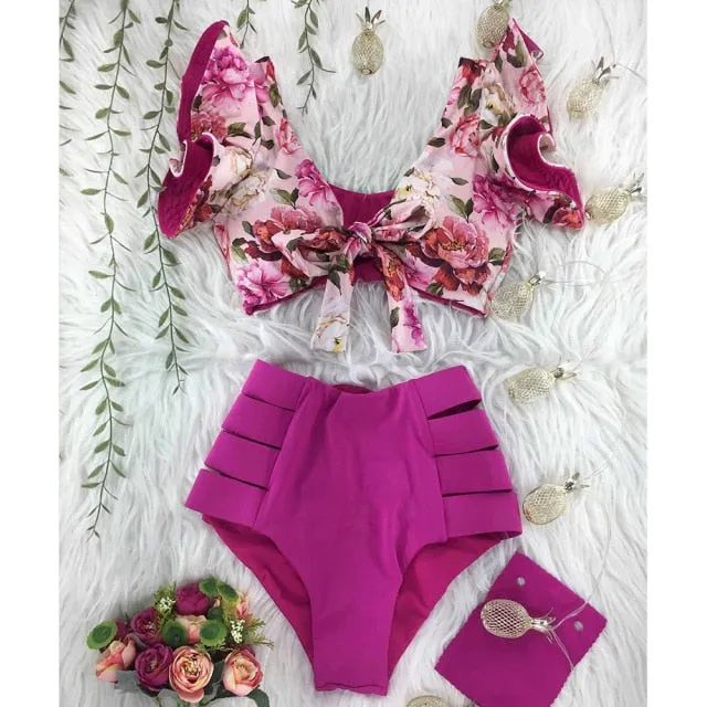VenusFox High Waist Bikini 2021 Ruffle Swimwear Women Print Sexy Swimsuit Push Up Bikinis Plus Size Bathing Suits Floral Beach Wear
