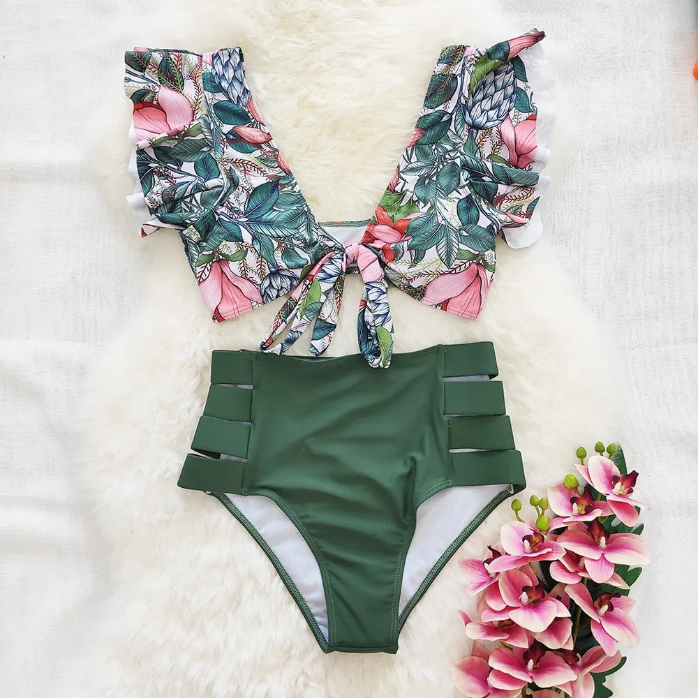 VenusFox High Waist Bikini 2021 Ruffle Swimwear Women Print Sexy Swimsuit Push Up Bikinis Plus Size Bathing Suits Floral Beach Wear