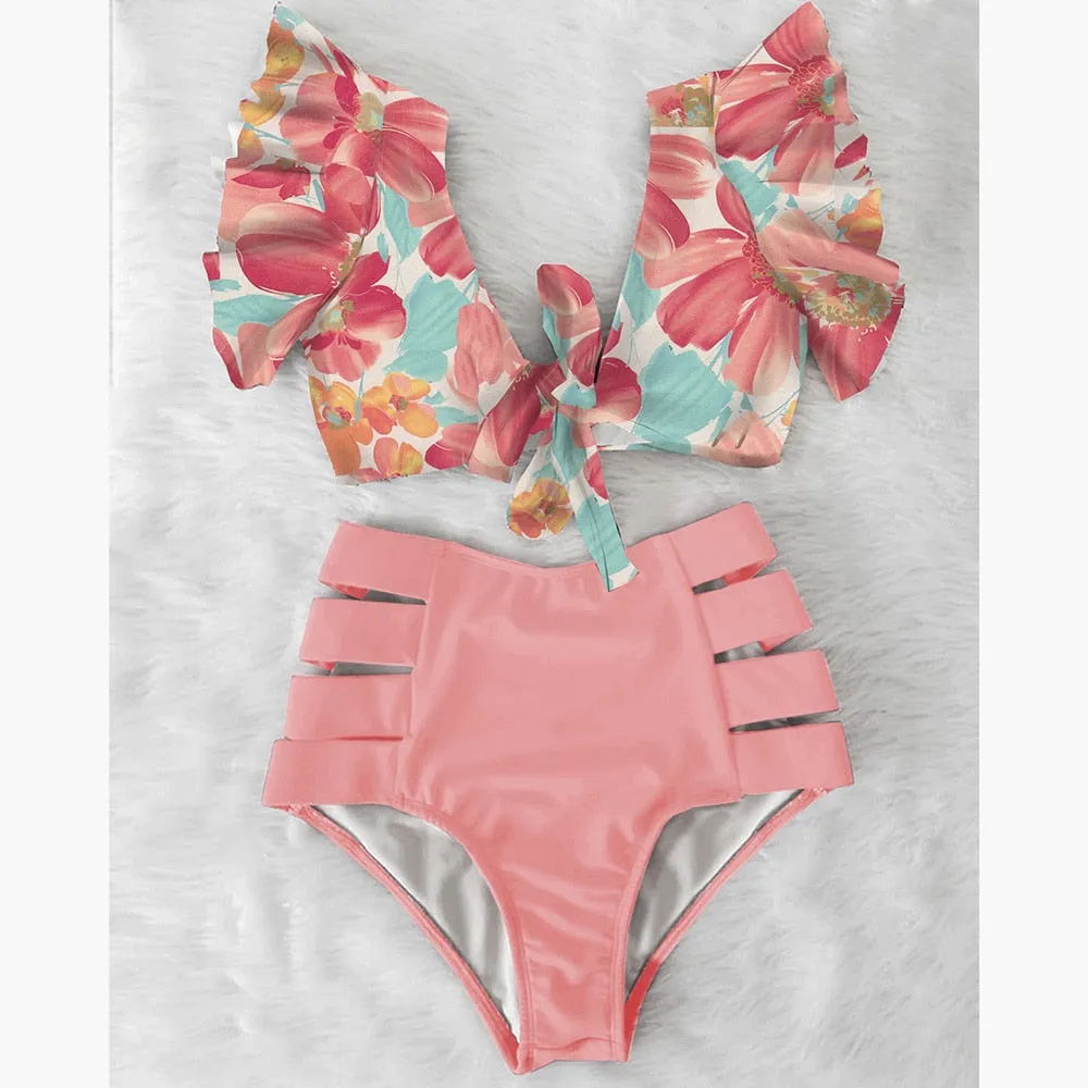 VenusFox High Waist Bikini 2021 Ruffle Swimwear Women Print Sexy Swimsuit Push Up Bikinis Plus Size Bathing Suits Floral Beach Wear