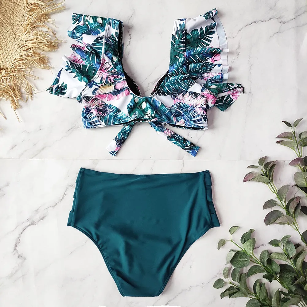 VenusFox High Waist Bikini 2021 Ruffle Swimwear Women Print Sexy Swimsuit Push Up Bikinis Plus Size Bathing Suits Floral Beach Wear