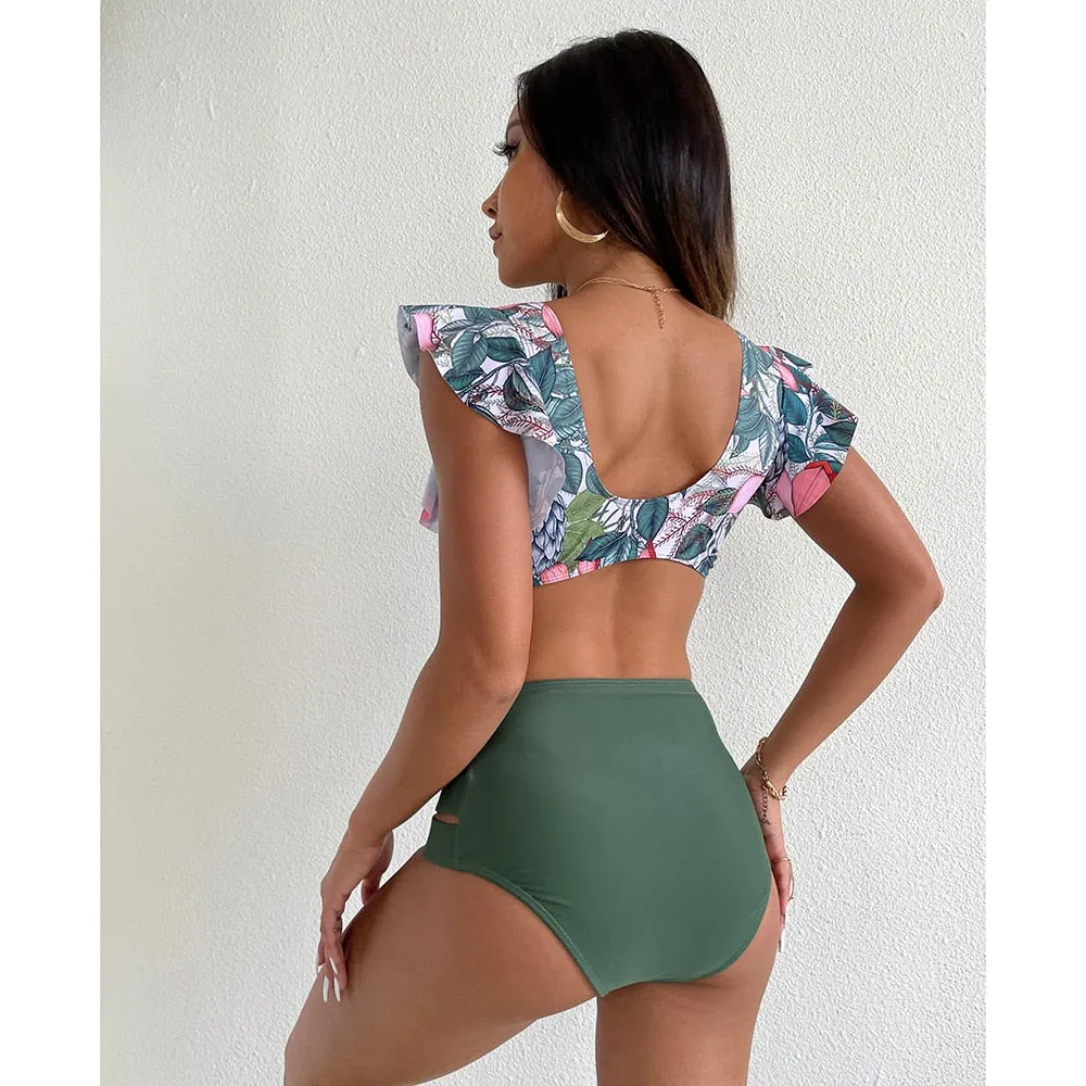 VenusFox High Waist Bikini 2021 Ruffle Swimwear Women Print Sexy Swimsuit Push Up Bikinis Plus Size Bathing Suits Floral Beach Wear