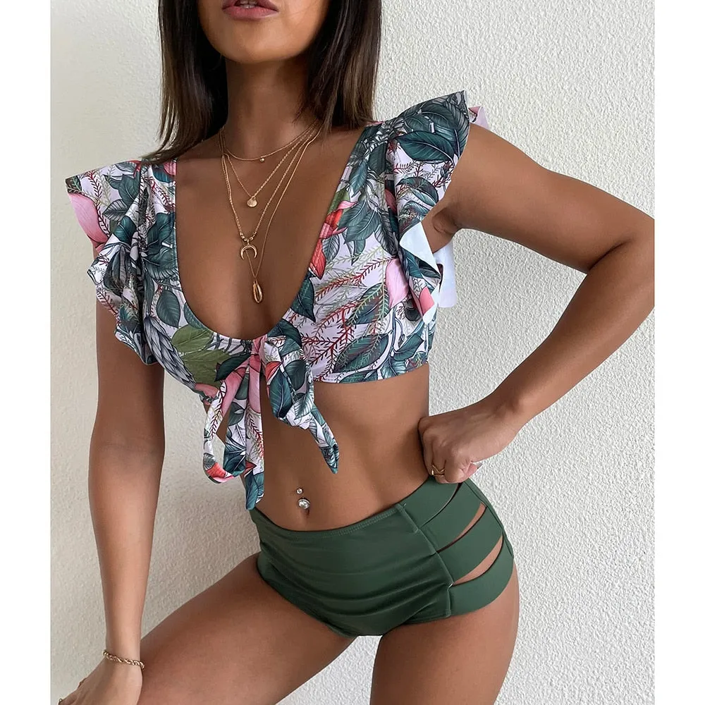 VenusFox High Waist Bikini 2021 Ruffle Swimwear Women Print Sexy Swimsuit Push Up Bikinis Plus Size Bathing Suits Floral Beach Wear