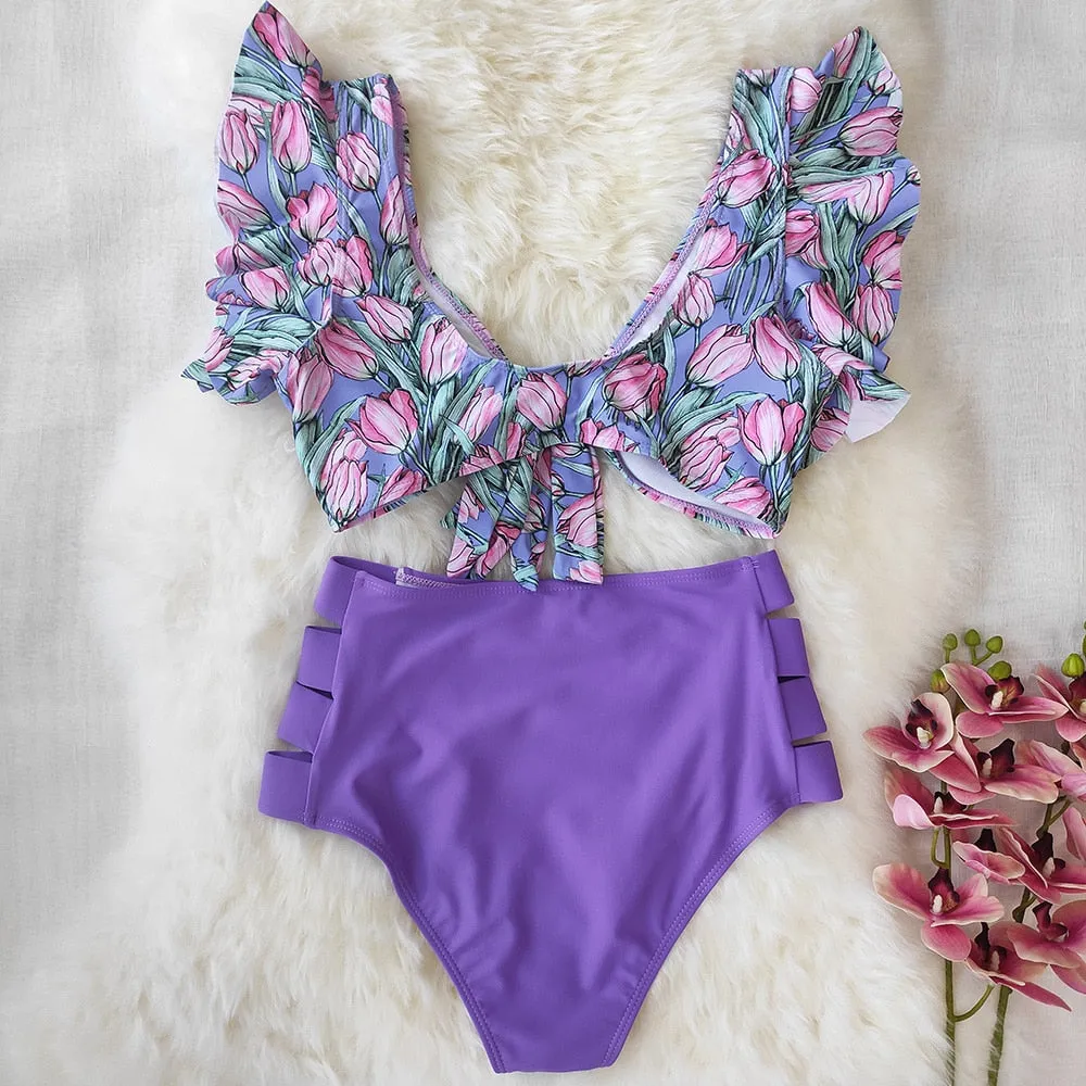 VenusFox High Waist Bikini 2021 Ruffle Swimwear Women Print Sexy Swimsuit Push Up Bikinis Plus Size Bathing Suits Floral Beach Wear