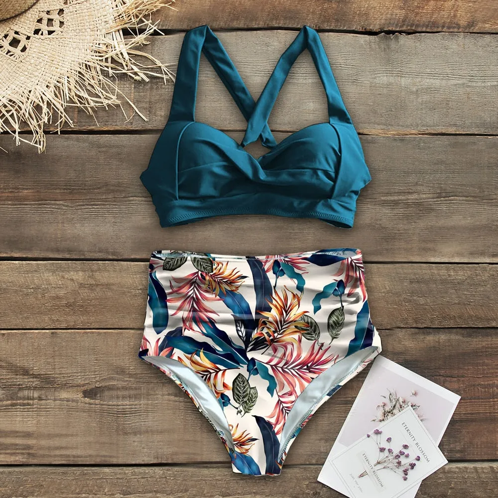 VenusFox Sexy High Waist Bikinis 2021 New Halter Swimwear Women Swimsuit Female Bikini Set Print Bodysuit Bathing Suit Summer Biquini XXL