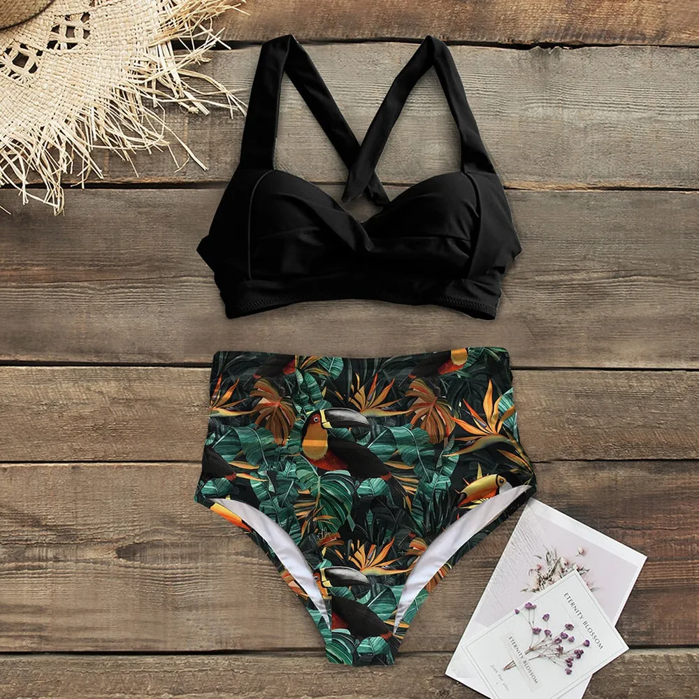 VenusFox Sexy High Waist Bikinis 2021 New Halter Swimwear Women Swimsuit Female Bikini Set Print Bodysuit Bathing Suit Summer Biquini XXL