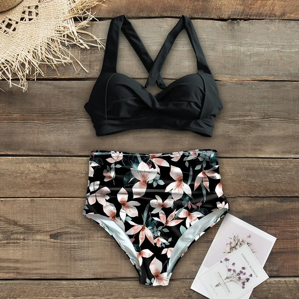 VenusFox Sexy High Waist Bikinis 2021 New Halter Swimwear Women Swimsuit Female Bikini Set Print Bodysuit Bathing Suit Summer Biquini XXL