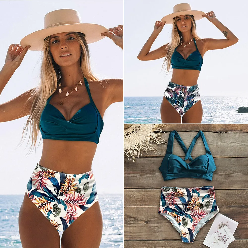VenusFox Sexy High Waist Bikinis 2021 New Halter Swimwear Women Swimsuit Female Bikini Set Print Bodysuit Bathing Suit Summer Biquini XXL