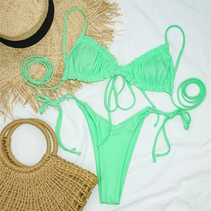 VenusFox Sexy Solid Swimsuit Women Two Piece Fold Bikini Mujer 2020 Bandage Backless Thong Swimwear New Low Waist Swimming Suit For Women
