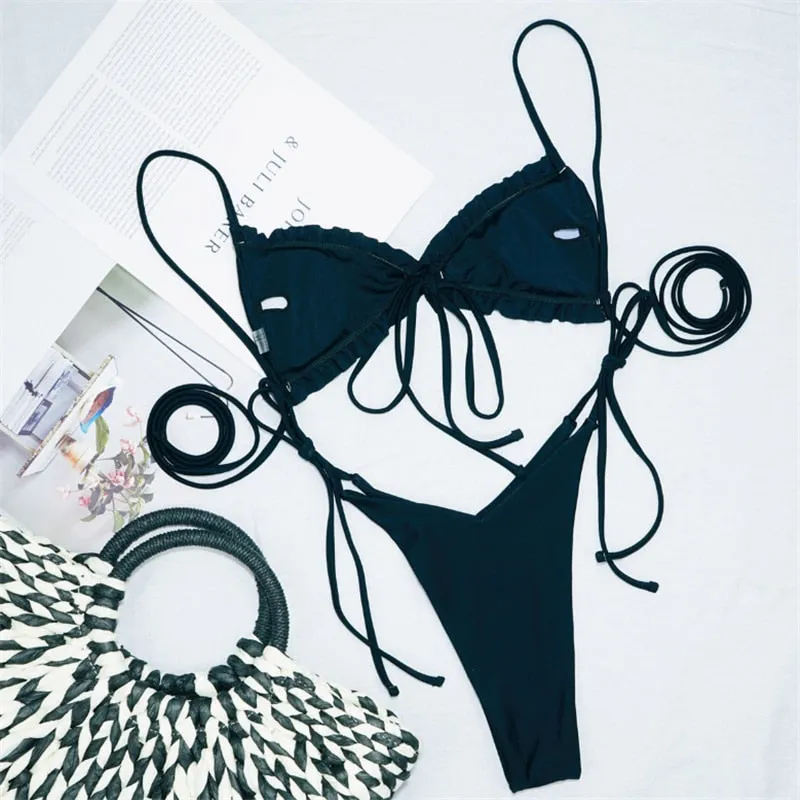 VenusFox Sexy Solid Swimsuit Women Two Piece Fold Bikini Mujer 2020 Bandage Backless Thong Swimwear New Low Waist Swimming Suit For Women