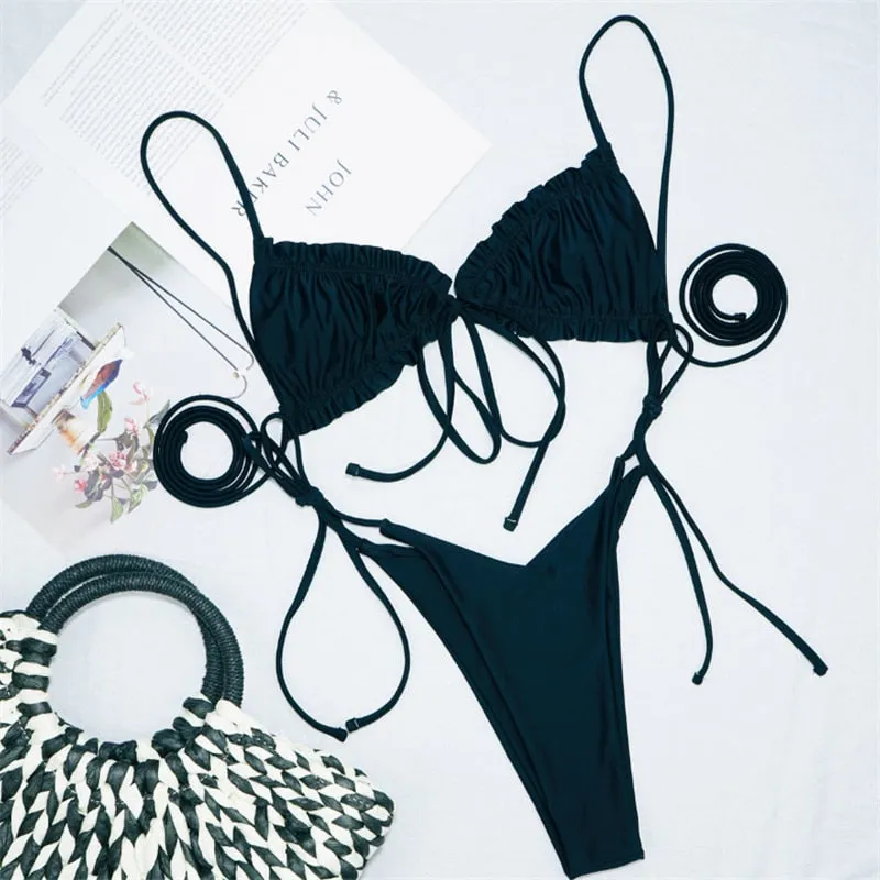 VenusFox Sexy Solid Swimsuit Women Two Piece Fold Bikini Mujer 2020 Bandage Backless Thong Swimwear New Low Waist Swimming Suit For Women