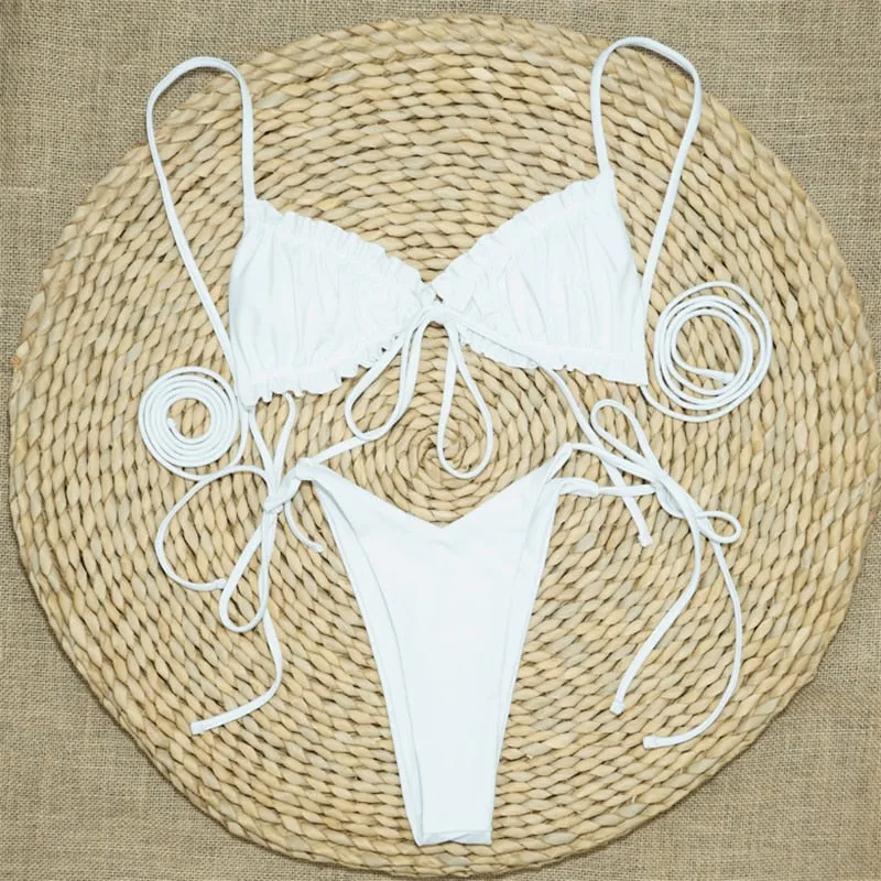 VenusFox Sexy Solid Swimsuit Women Two Piece Fold Bikini Mujer 2020 Bandage Backless Thong Swimwear New Low Waist Swimming Suit For Women