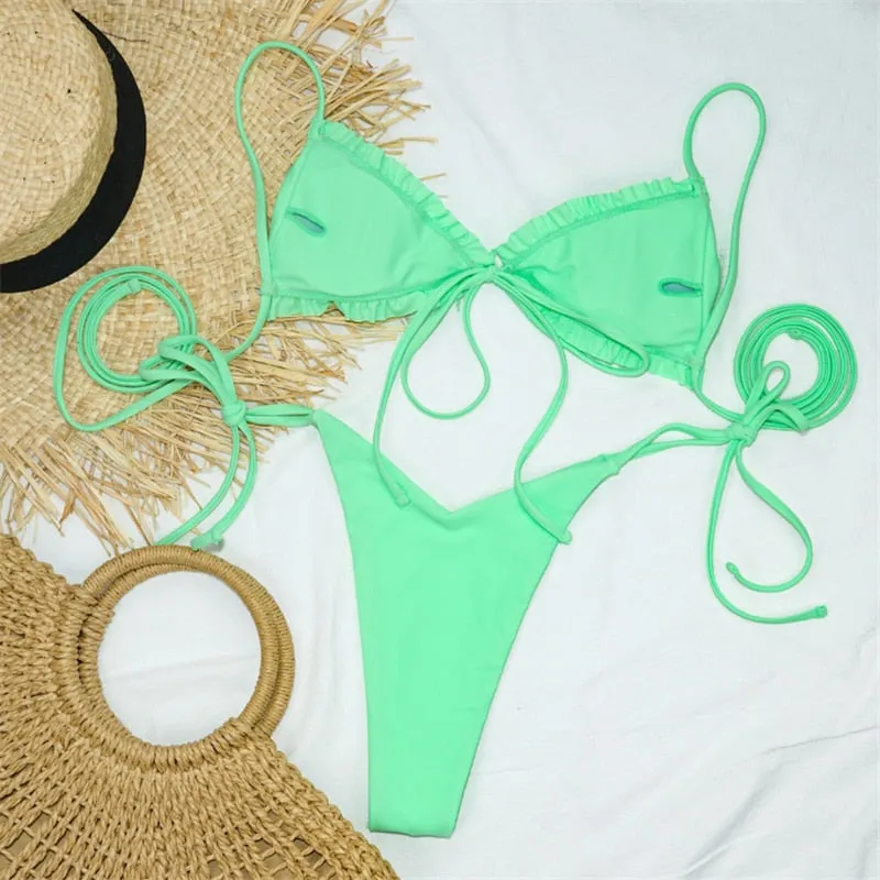 VenusFox Sexy Solid Swimsuit Women Two Piece Fold Bikini Mujer 2020 Bandage Backless Thong Swimwear New Low Waist Swimming Suit For Women
