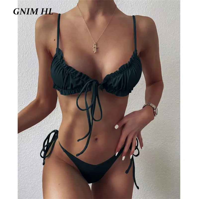 VenusFox Sexy Solid Swimsuit Women Two Piece Fold Bikini Mujer 2020 Bandage Backless Thong Swimwear New Low Waist Swimming Suit For Women