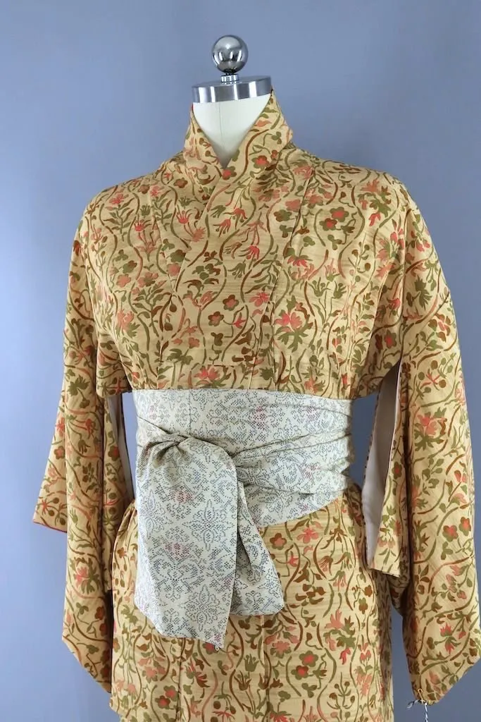 Vintage Autumn Vines Print Silk Kimono Robe