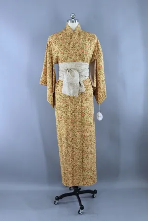 Vintage Autumn Vines Print Silk Kimono Robe