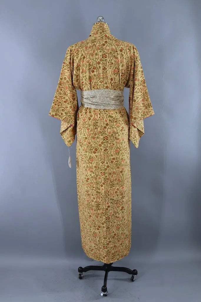 Vintage Autumn Vines Print Silk Kimono Robe