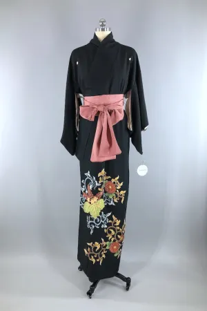 Vintage Black & Green Silk Kimono Robe