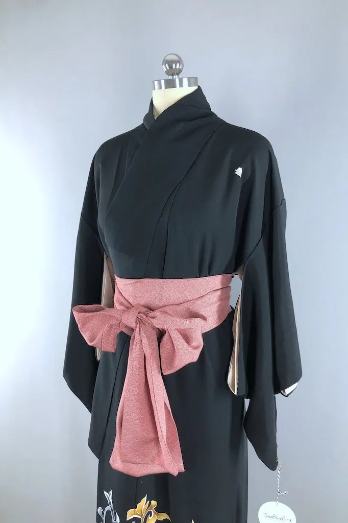 Vintage Black & Green Silk Kimono Robe