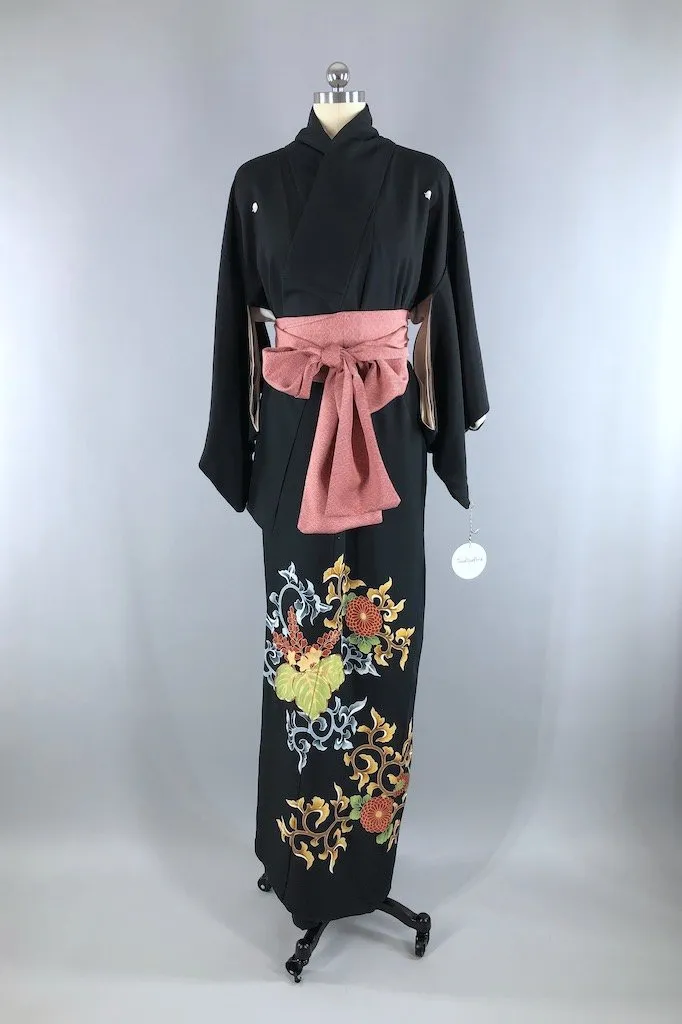 Vintage Black & Green Silk Kimono Robe