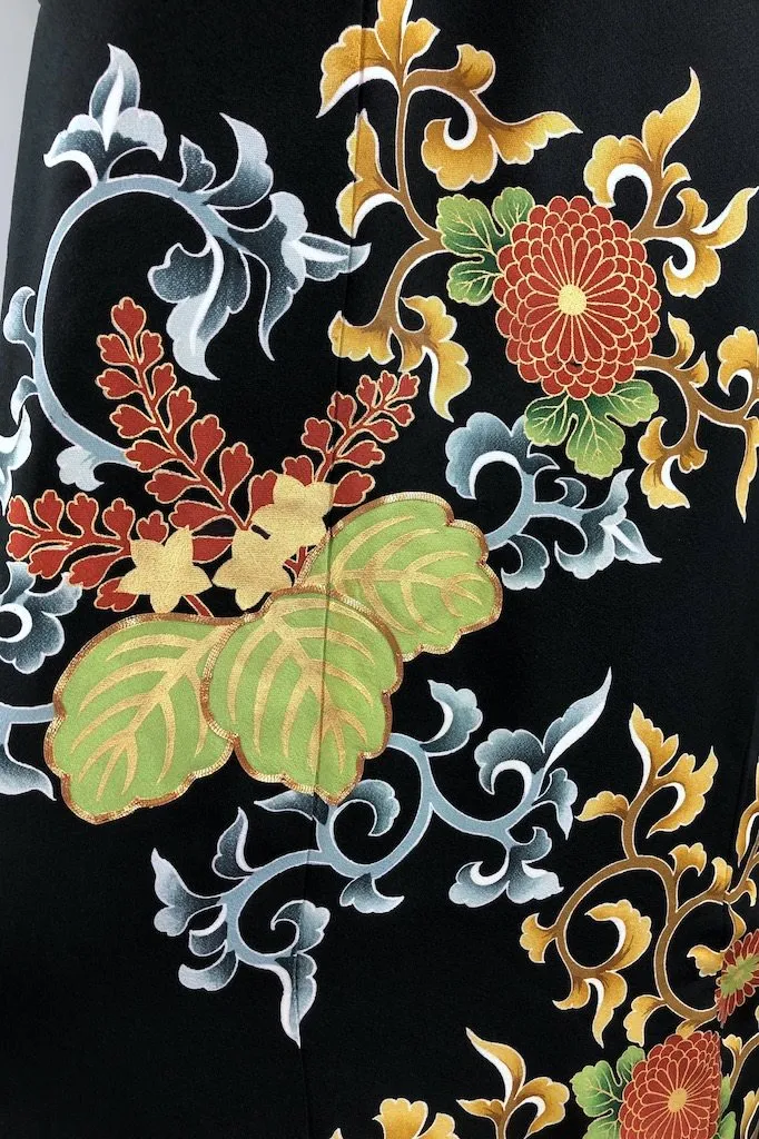 Vintage Black & Green Silk Kimono Robe