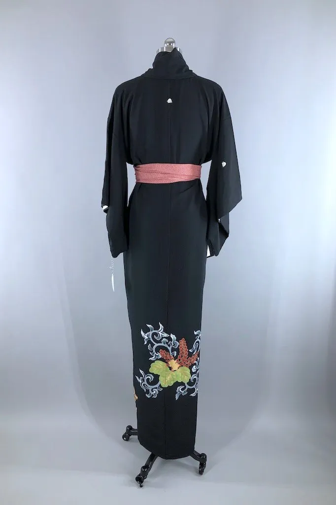 Vintage Black & Green Silk Kimono Robe