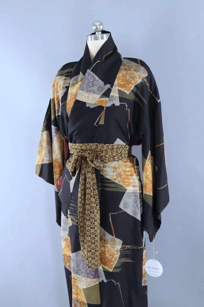 Vintage Black Gold  Ikat Kimono Robe