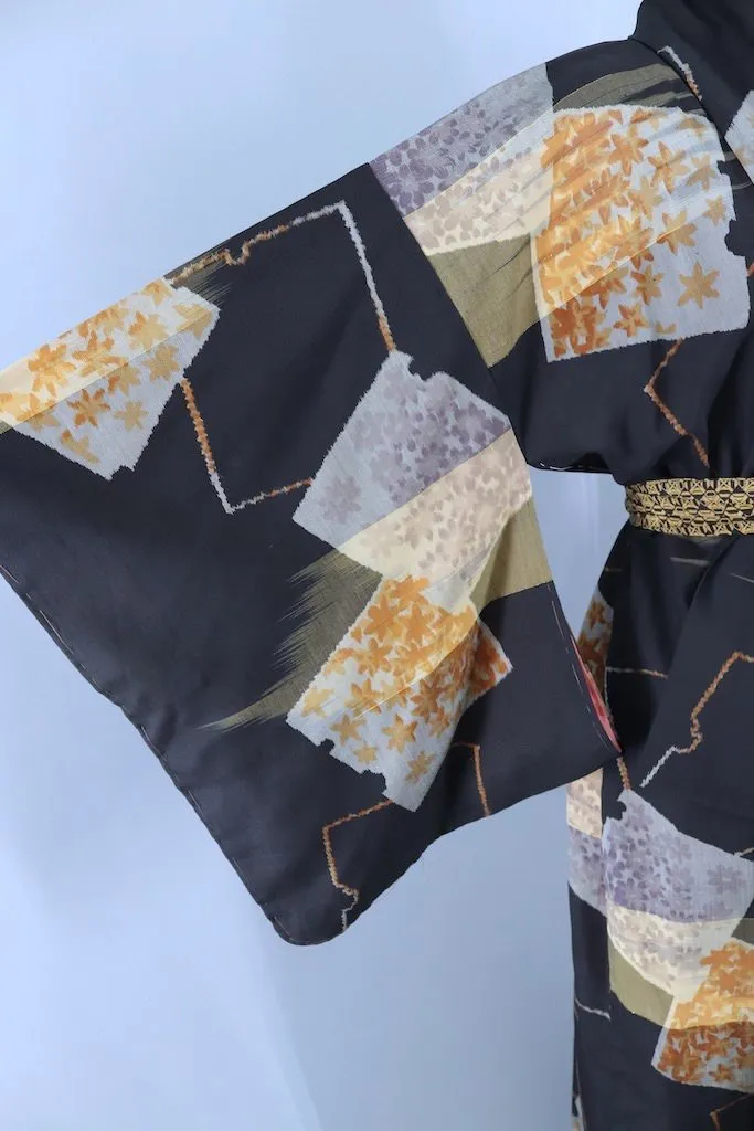 Vintage Black Gold  Ikat Kimono Robe