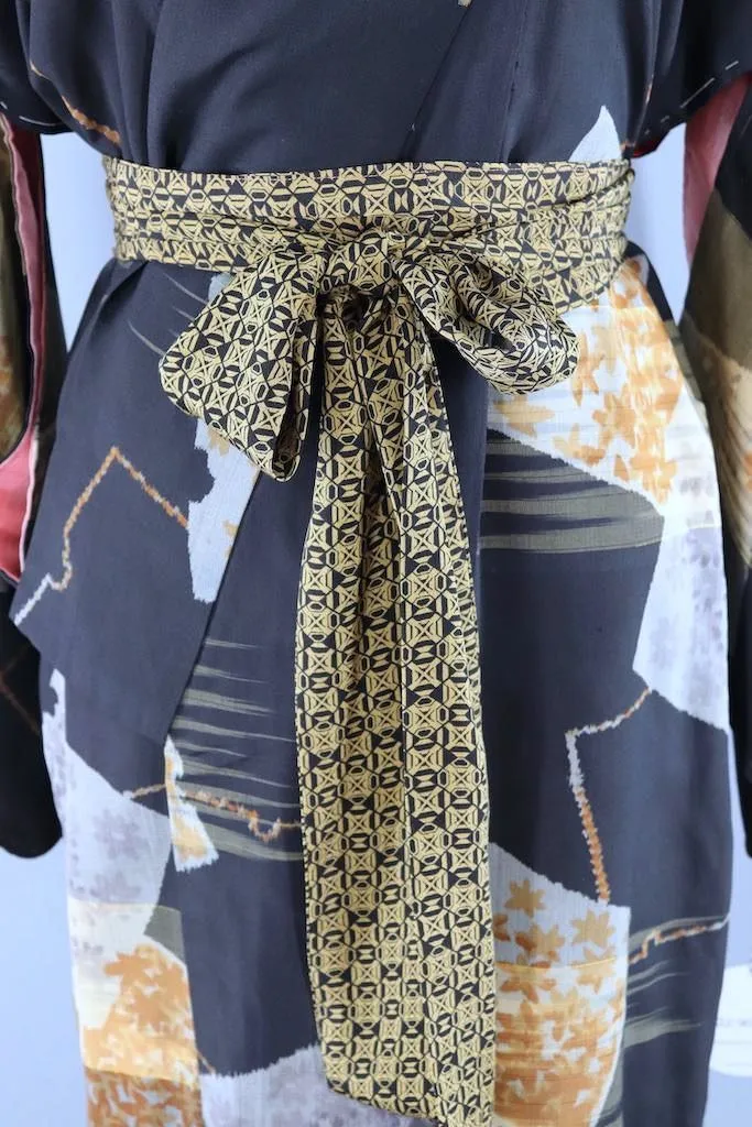 Vintage Black Gold  Ikat Kimono Robe