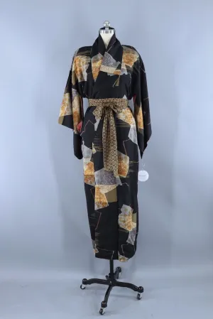 Vintage Black Gold  Ikat Kimono Robe