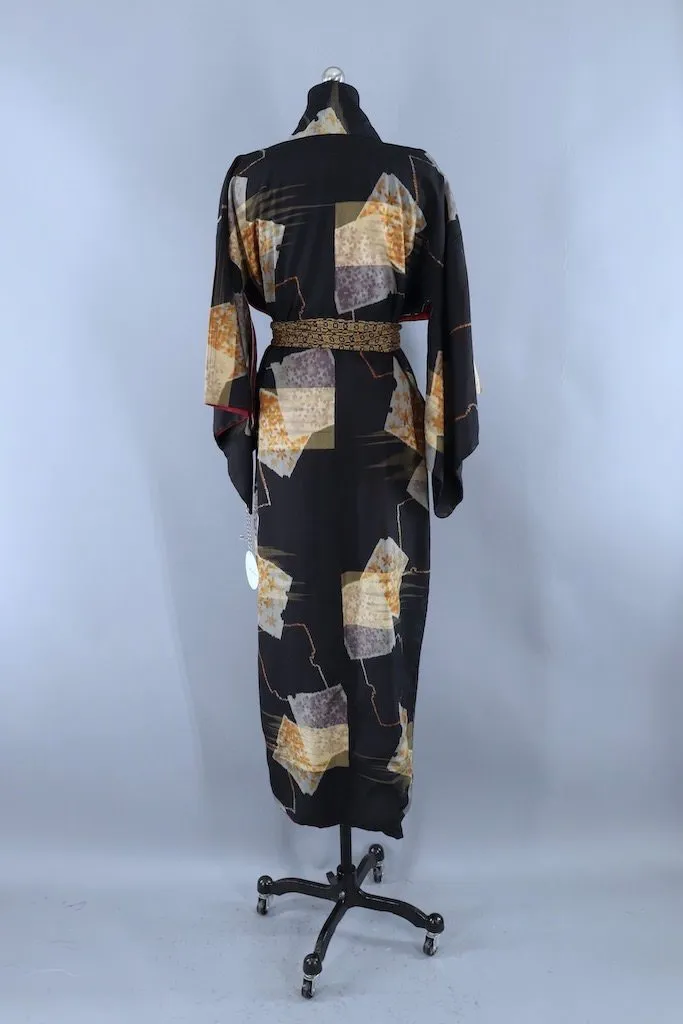 Vintage Black Gold  Ikat Kimono Robe