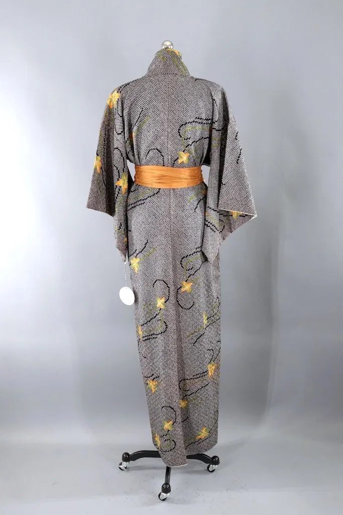 Vintage Black Maple Leaf Shibori Kimono Robe