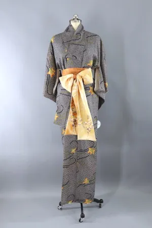 Vintage Black Maple Leaf Shibori Kimono Robe