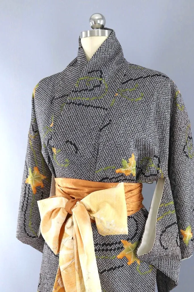 Vintage Black Maple Leaf Shibori Kimono Robe