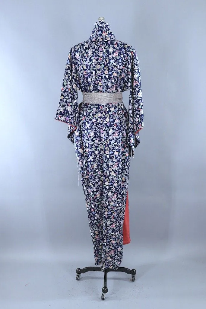 Vintage Blue & Purple Floral Print Silk Kimono Robe