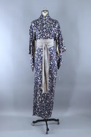 Vintage Blue & Purple Floral Print Silk Kimono Robe
