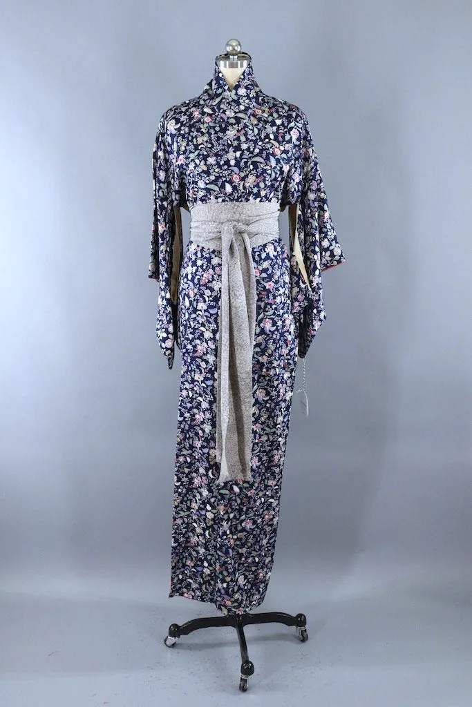 Vintage Blue & Purple Floral Print Silk Kimono Robe