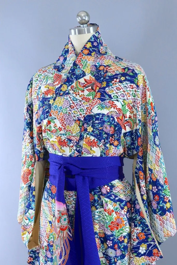 Vintage Blue Rainbow Silk Kimono Robe